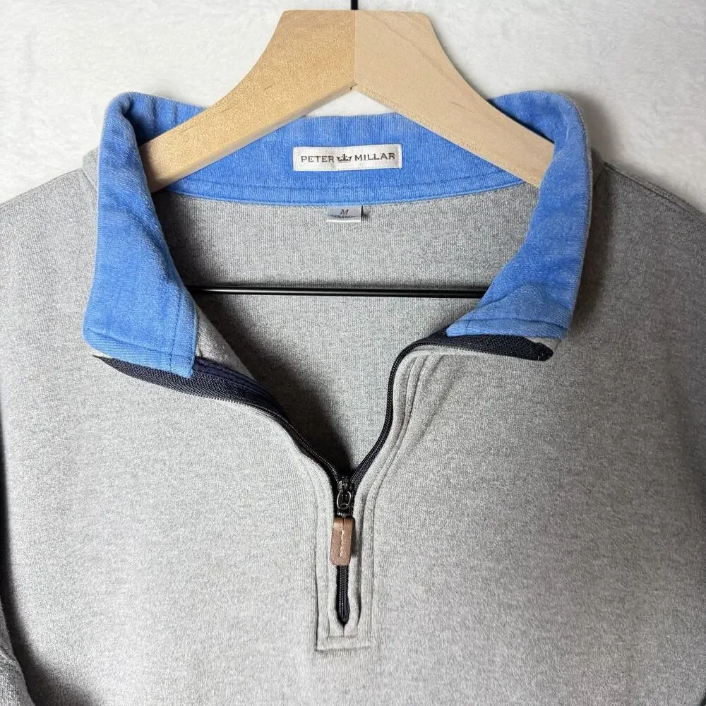 Peter Millar Golf 1/4 Zip Gray Pullover Sweatshirt Blue Collar Men's Size M